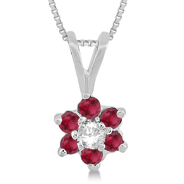 Diamond and Ruby Cluster Pendant 14k White Gold (0.29ct)