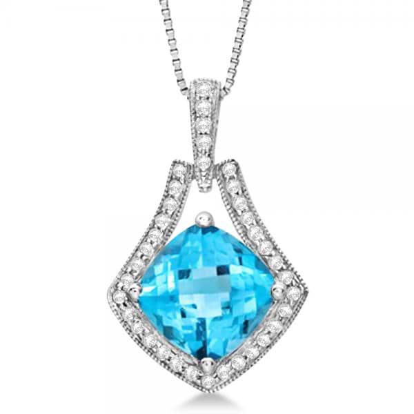 Diamond Accented Blue Topaz Pendant Neklcace 14k White Gold (2.53ct)