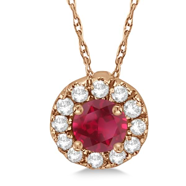 Round Halo Diamond and Ruby Pendant 14k Rose Gold (0.53ct)
