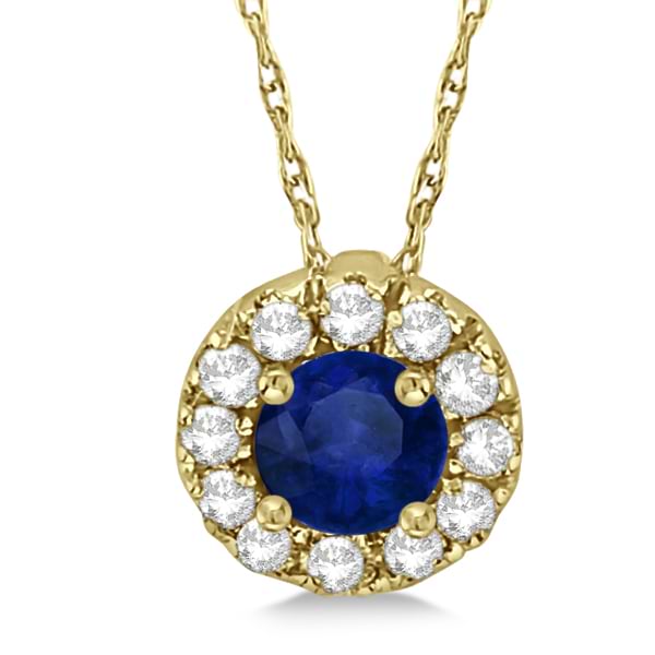 Round Halo Diamond and Blue Sapphire Pendant 14k Yellow Gold (0.48ct)