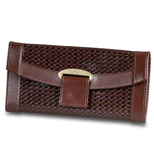 Paris Weave Brown Leather Travel Jewelry Case with Magnetic Closure