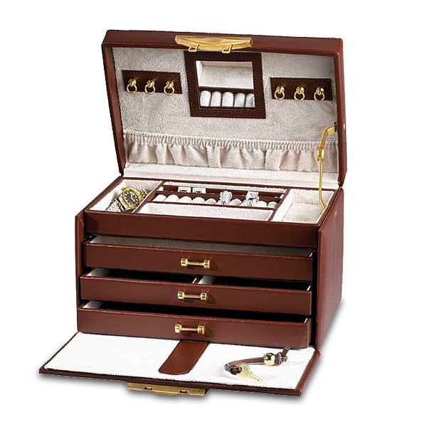 Brown Leather Jewelry Box Chest w/ 3 Drawers for Home or Travel