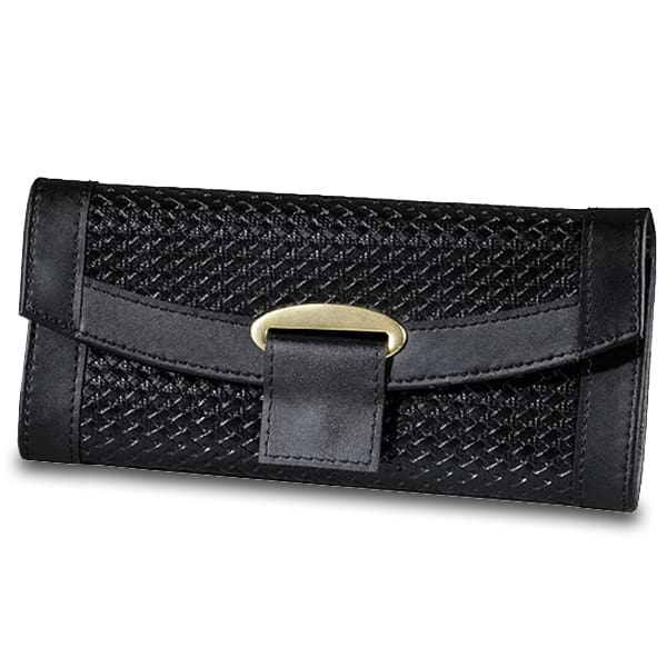 Paris Weave Black Leather Travel Jewelry Case with Magnetic Closure