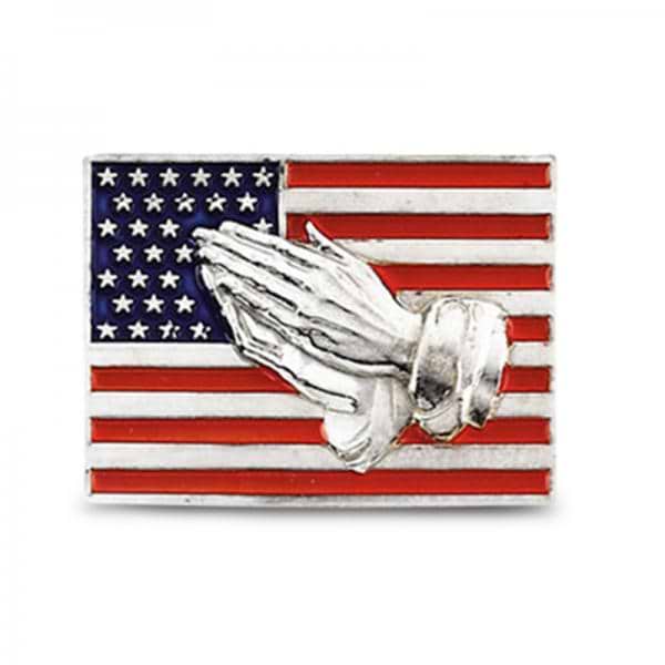 Red, White & Blue American Flag Pin w/ Praying Hands 14k White Gold
