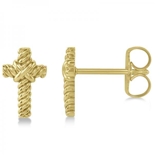 Cross Rope Stud Earrings in Plain Metal 14k Yellow Gold
