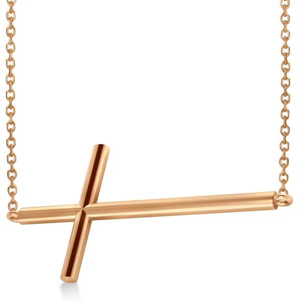 Religious Sideways Cross Necklace Plain Metal 14k Rose Gold