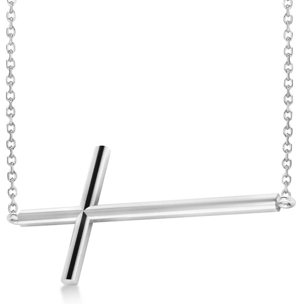 Religious Sideways Cross Necklace Plain Metal 14k White Gold