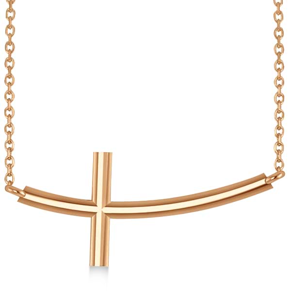 Religious Curved Sideways Cross Pendant Necklace 14k Rose Gold