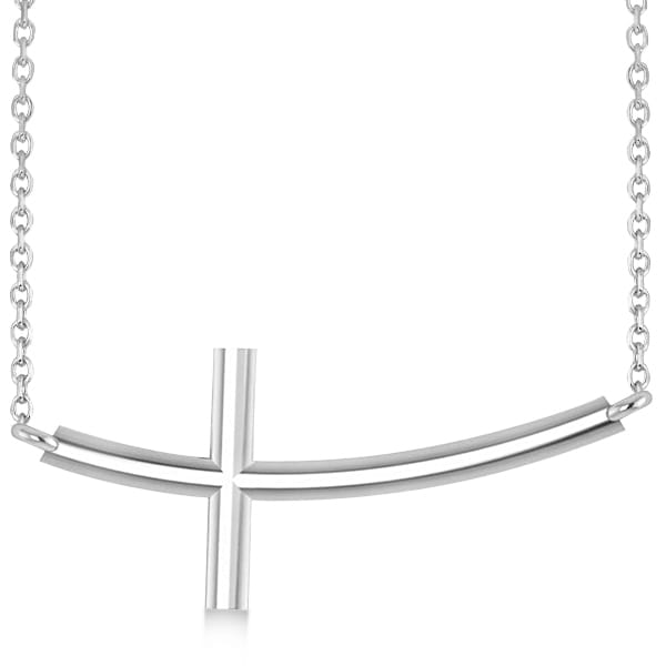 Religious Curved Sideways Cross Pendant Necklace 14k White Gold