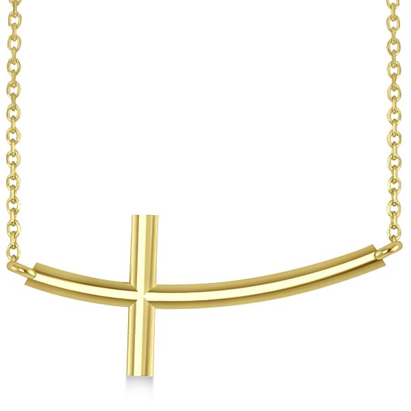 Religious Curved Sideways Cross Pendant Necklace 14k Yellow Gold