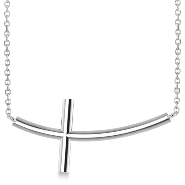 Religious Curved Sideways Cross Necklace Pendant 14k White Gold