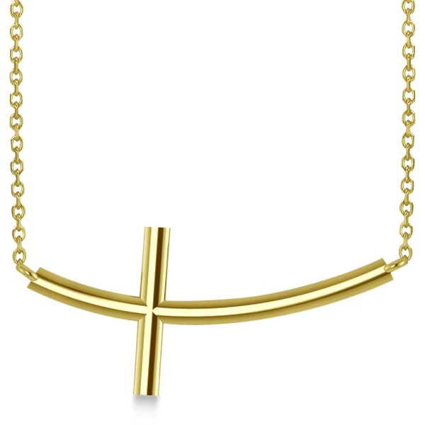 Religious Curved Sideways Cross Necklace Pendant 14k Yellow Gold