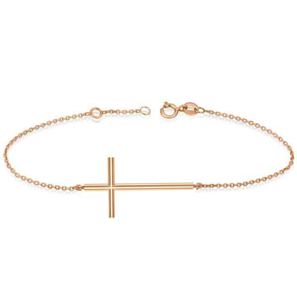Sideways Cross Religious Chain Bracelet Plain Metal 14k Rose Gold
