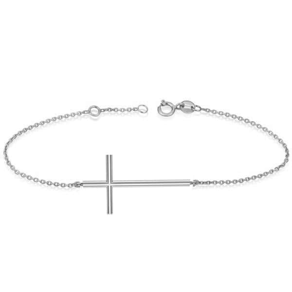Sideways Cross Religious Chain Bracelet Plain Metal 14k White Gold