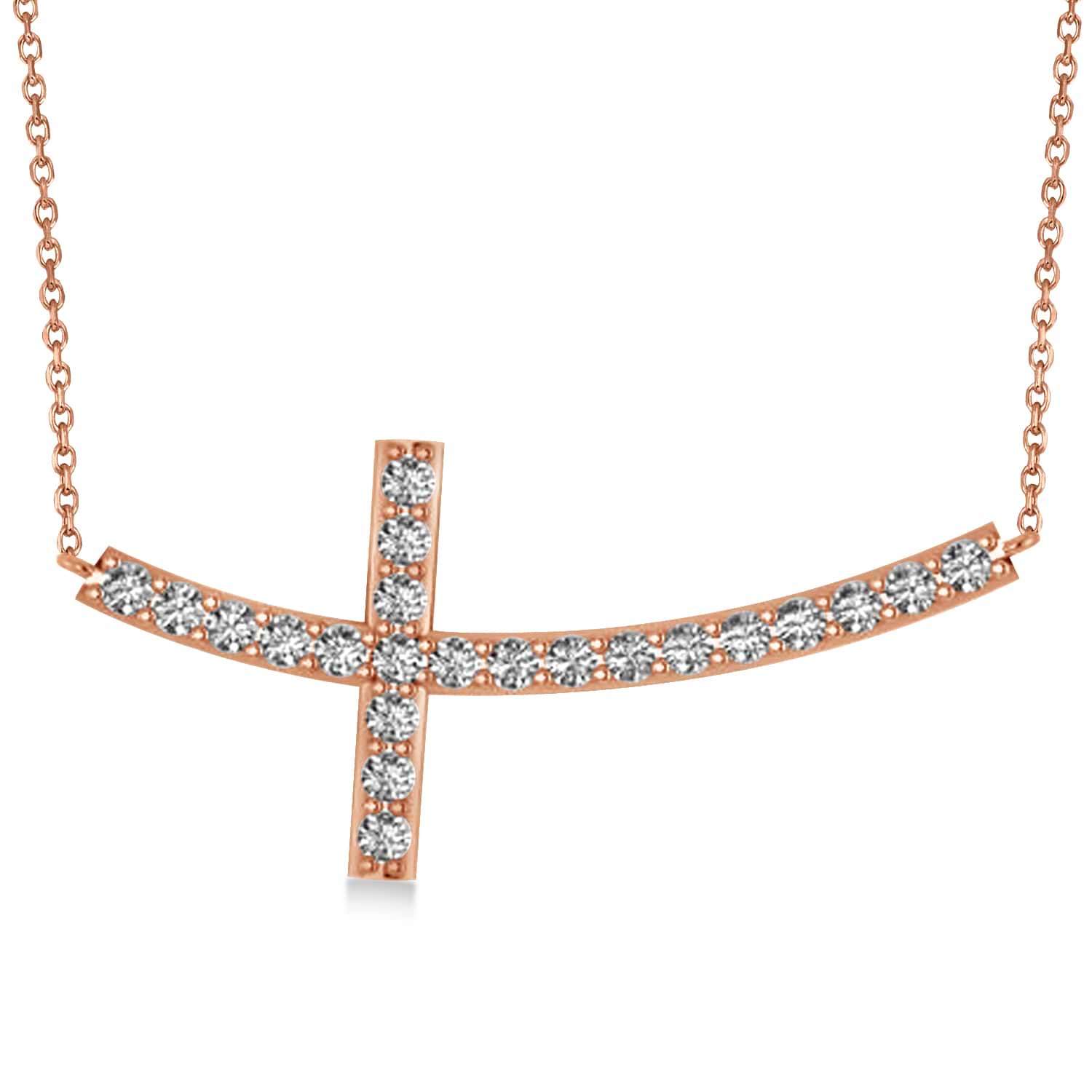 Diamond Sideways Curved Cross Pendant Necklace 14k Rose Gold 1.54ct