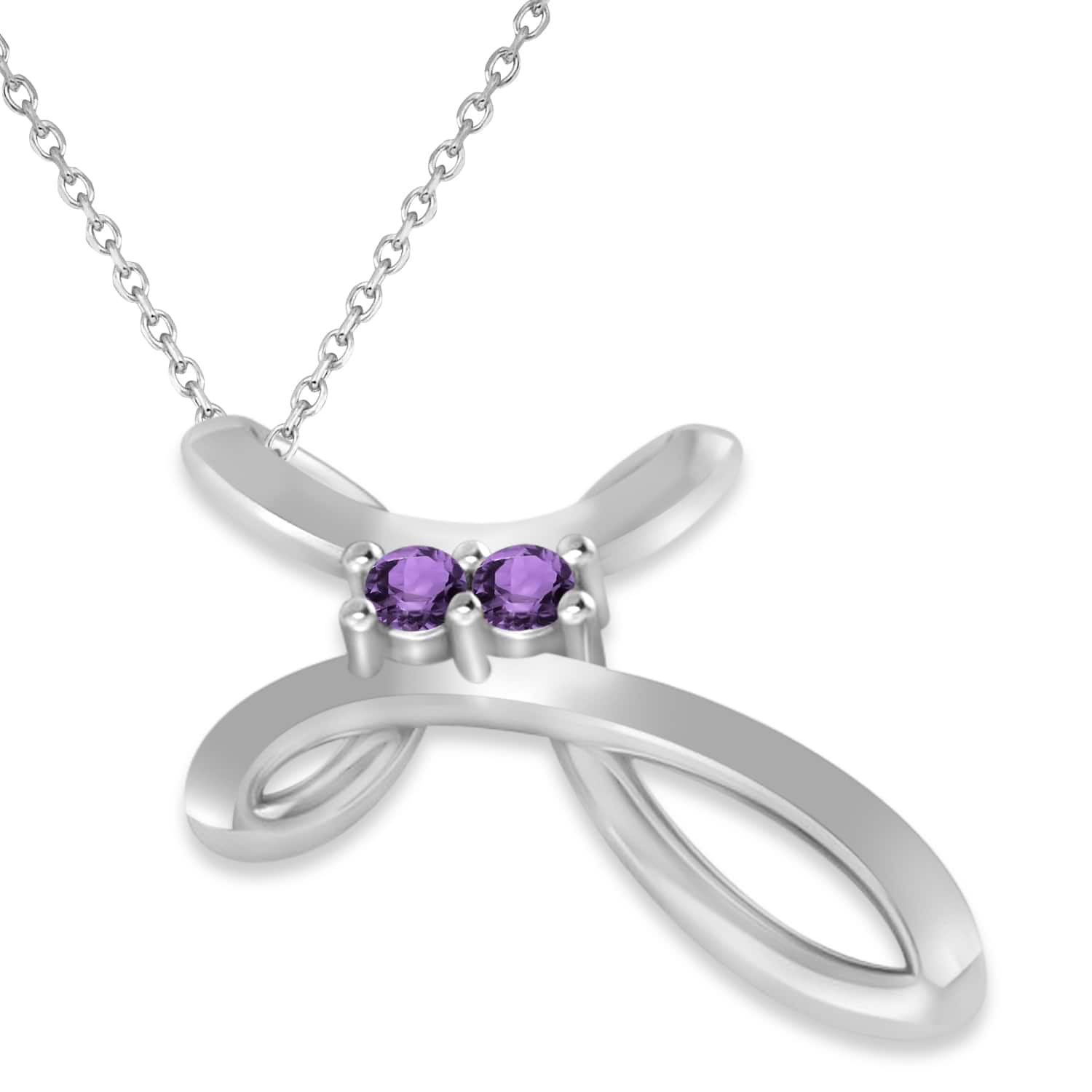 Amethyst Two Stone Swirl Cross Pendant Necklace 14k White Gold (0.10ct)