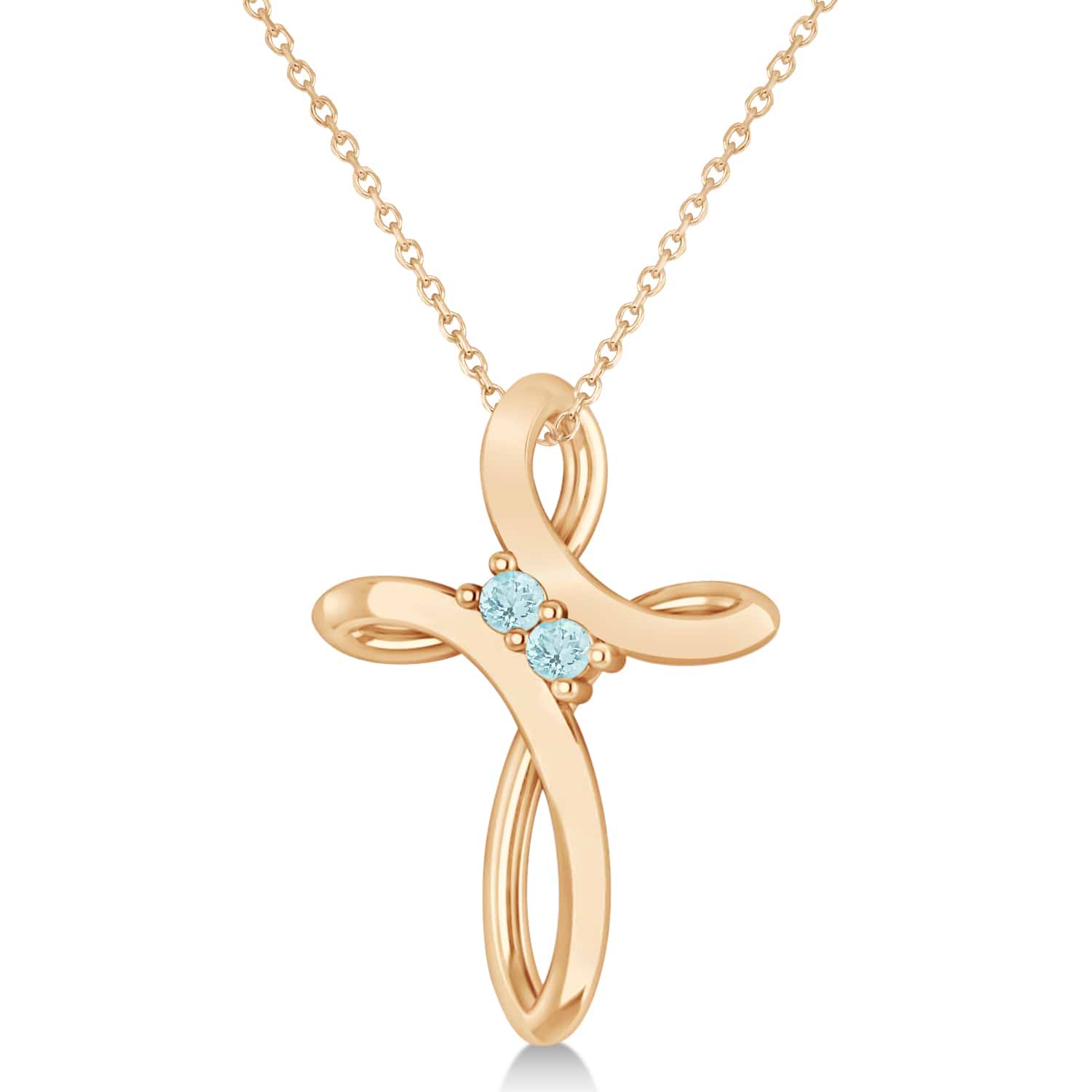 Aquamarine Two Stone Religious Cross Pendant Necklace 14k Rose Gold (0.10ct)