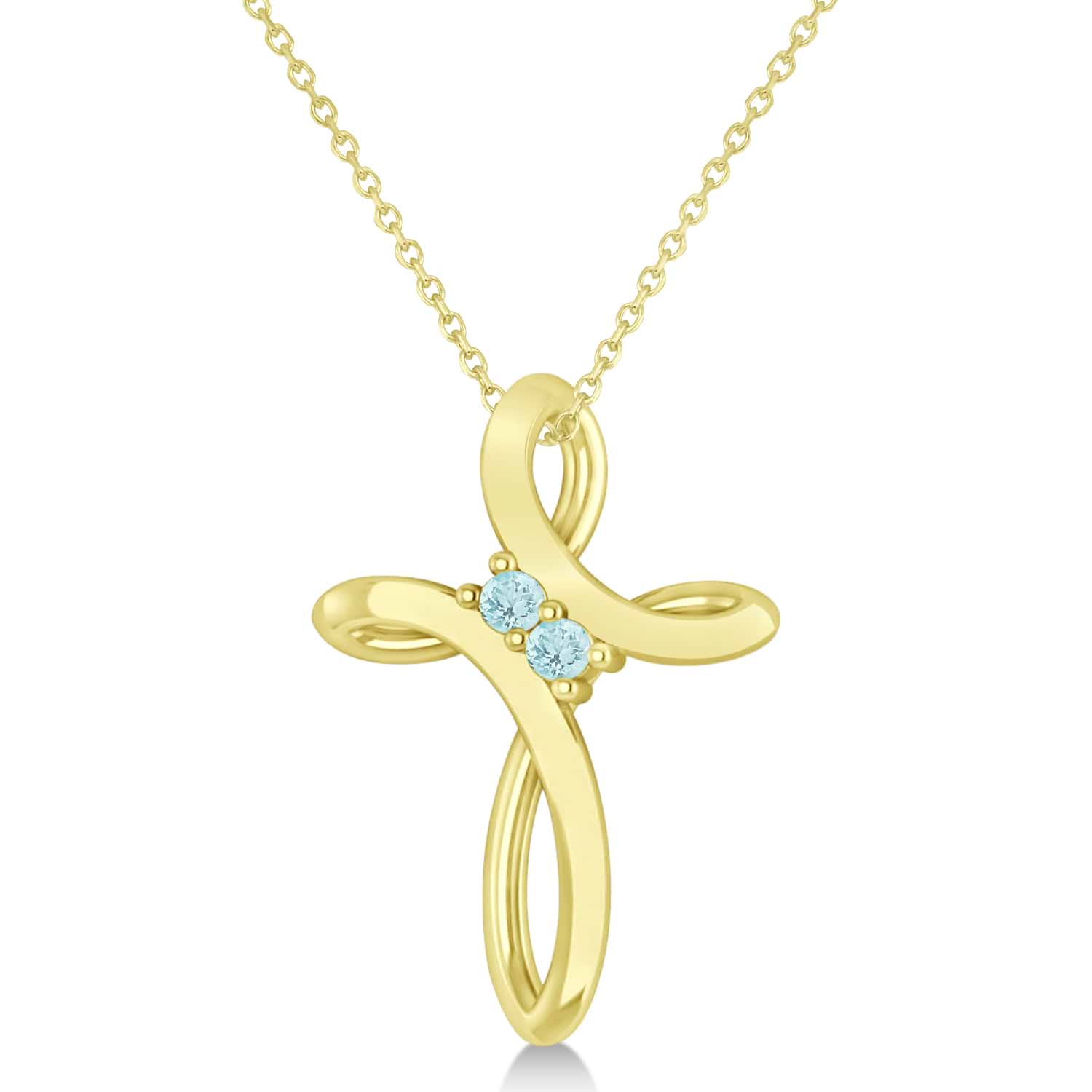 Aquamarine Two Stone Religious Cross Pendant Necklace 14k Yellow Gold (0.10ct)