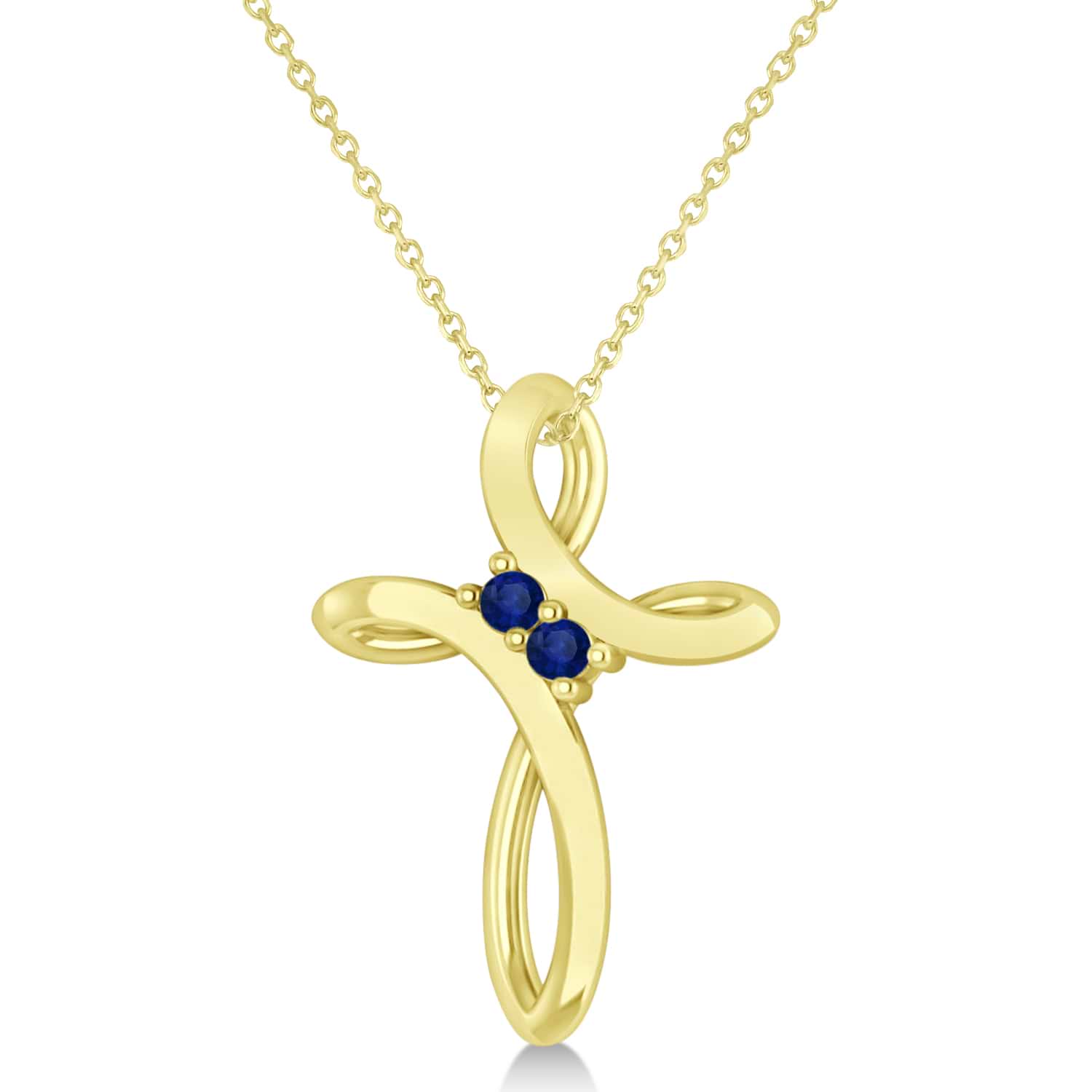 Blue Sapphire Two Stone Swirl Cross Pendant Necklace 14k Yellow Gold (0.10ct)