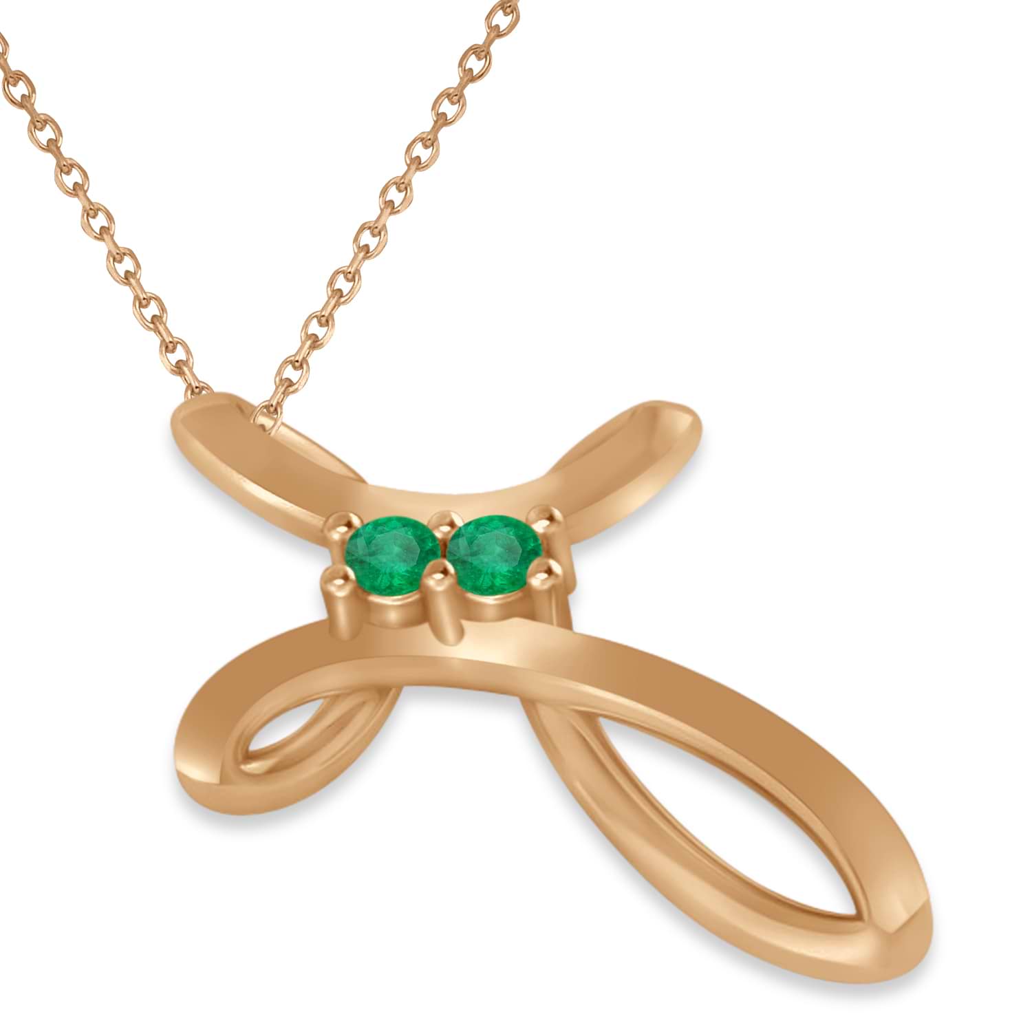 Emerald Two Stone Swirl Cross Pendant Necklace  14k Rose Gold (0.10ct)