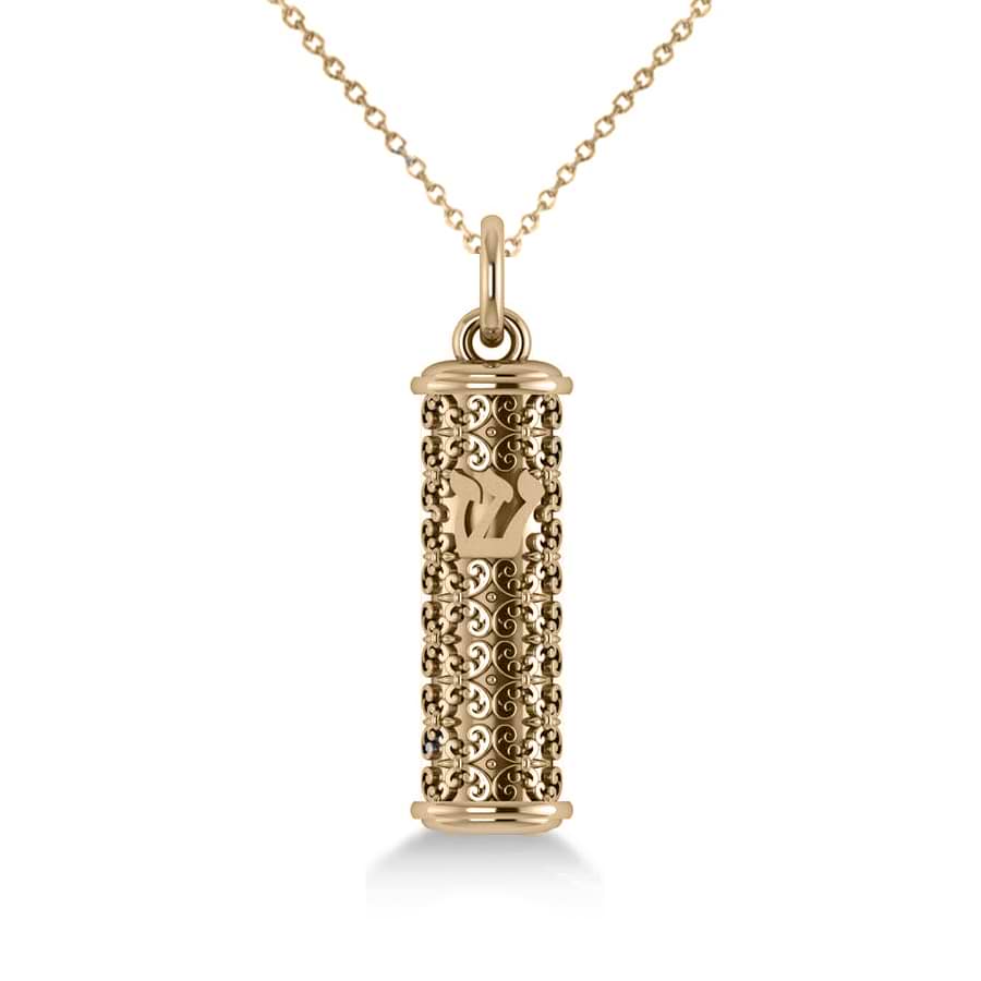 Floral Design Mezuzah Pendant Necklace in 14k Yellow Gold