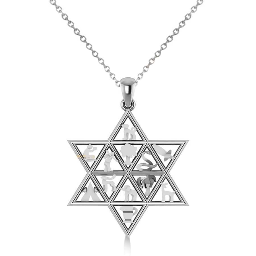 Star of David & 12 Tribes Pendant Necklace in 14k White Gold
