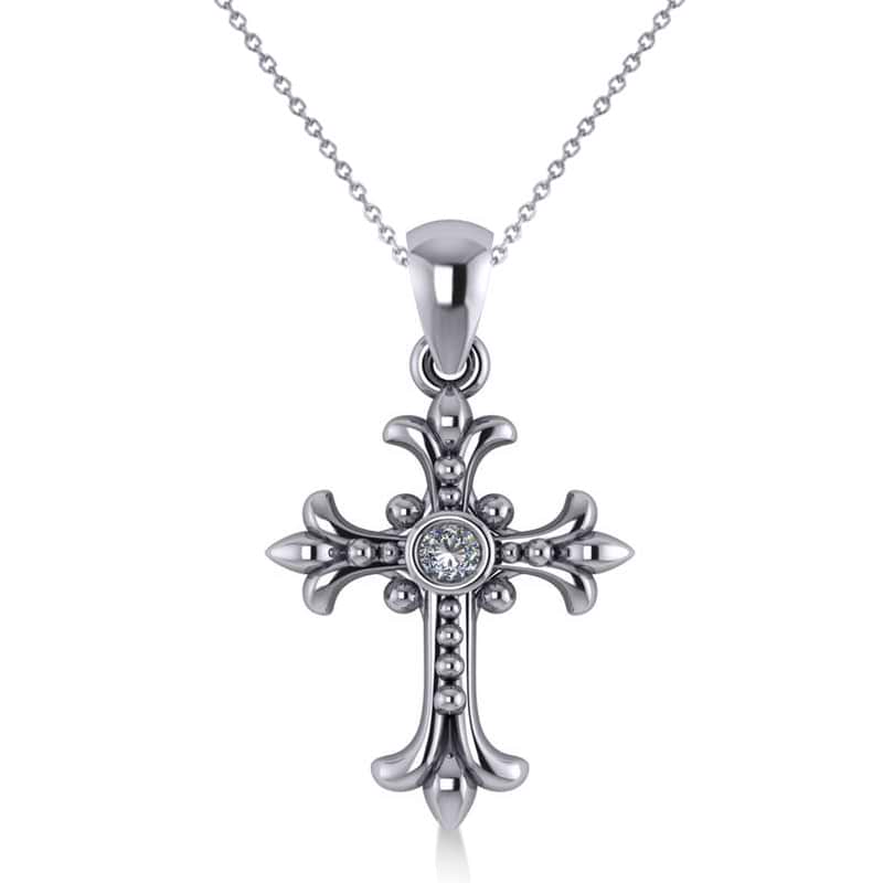 Diamond Gothic Cross Pendant Necklace 14k White Gold (0.03ct)