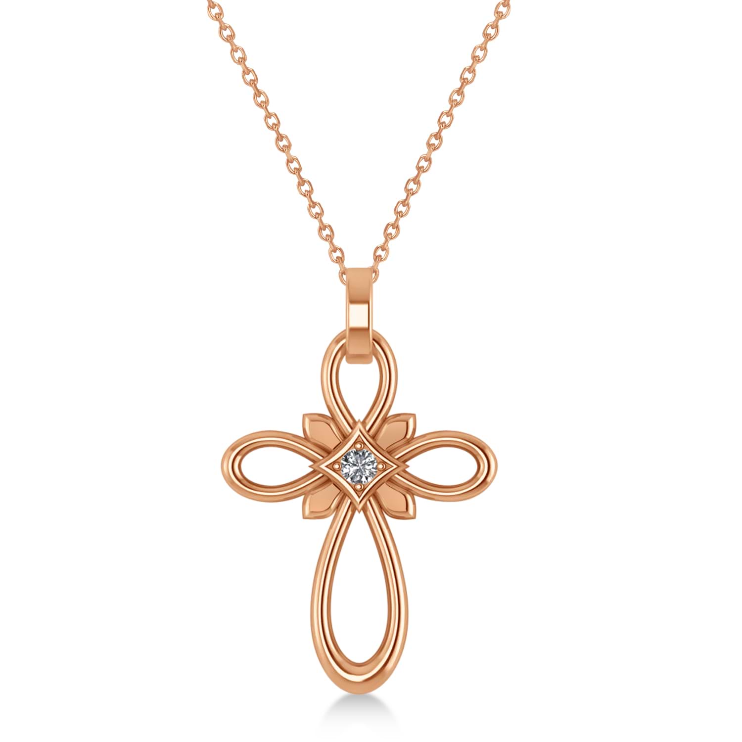 Diamond Swirl Open Cross Pendant Necklace 14k Rose Gold (0.05ct)