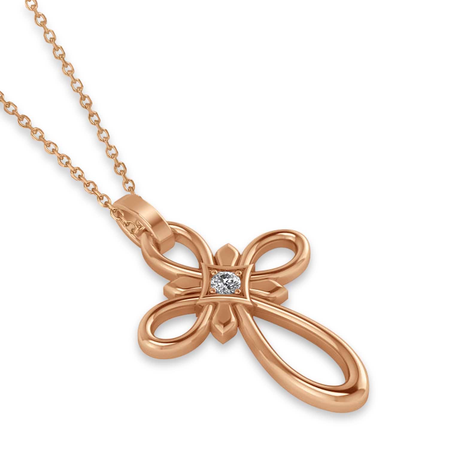 Diamond Swirl Open Cross Pendant Necklace 14k Rose Gold (0.05ct)