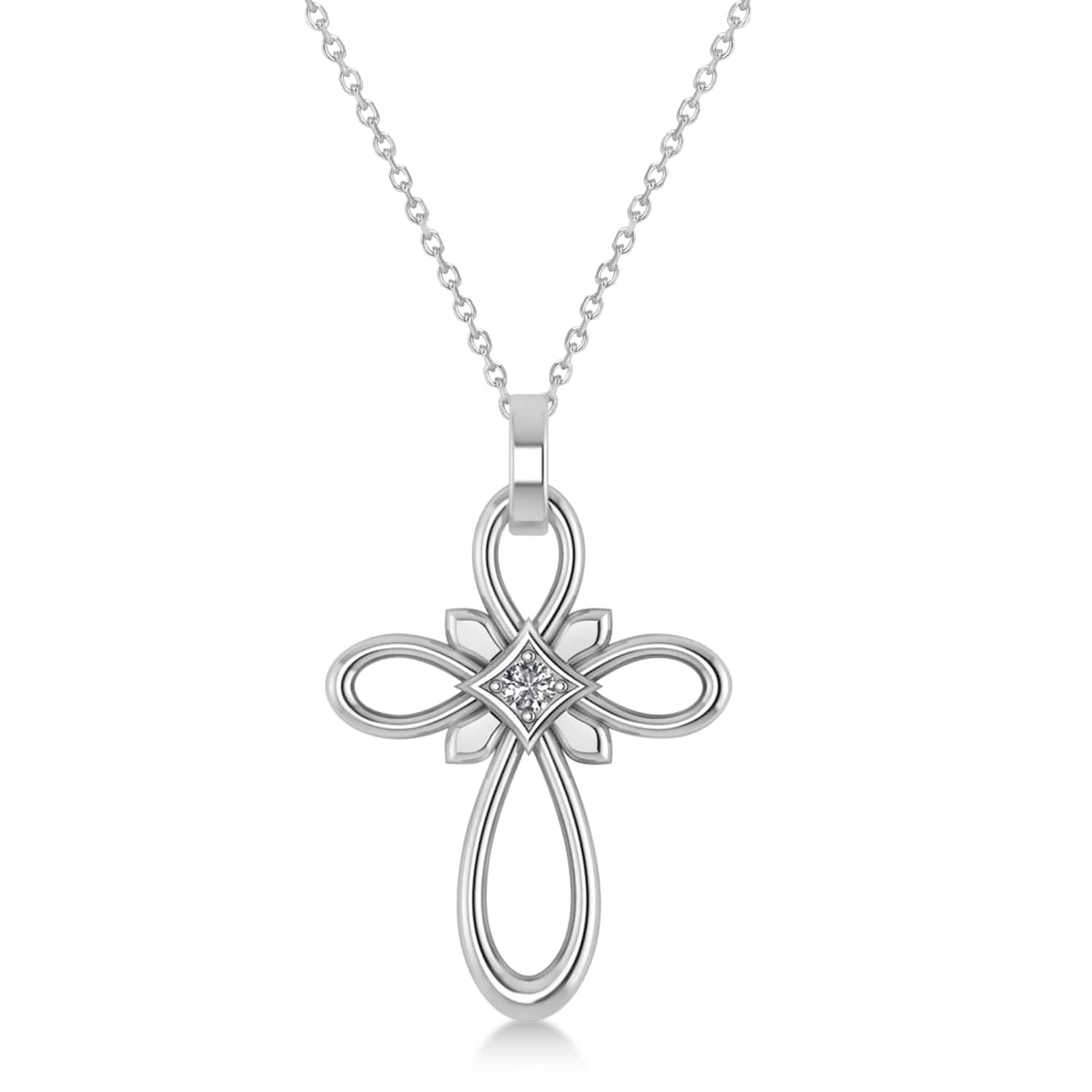 Diamond Swirl Open Cross Pendant Necklace 14k White Gold (0.05ct)