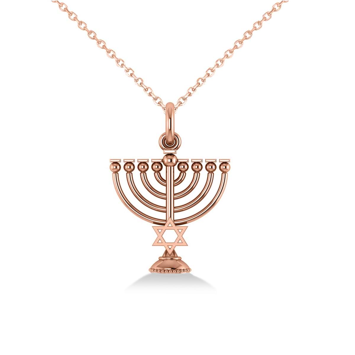 Star of David Menorah Pendant Necklace 14k Rose Gold