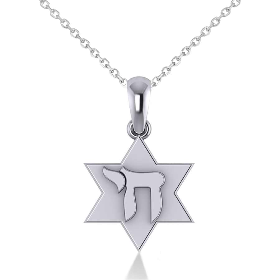 Jewish Star of David & Chai Pendant Necklace 14k White Gold