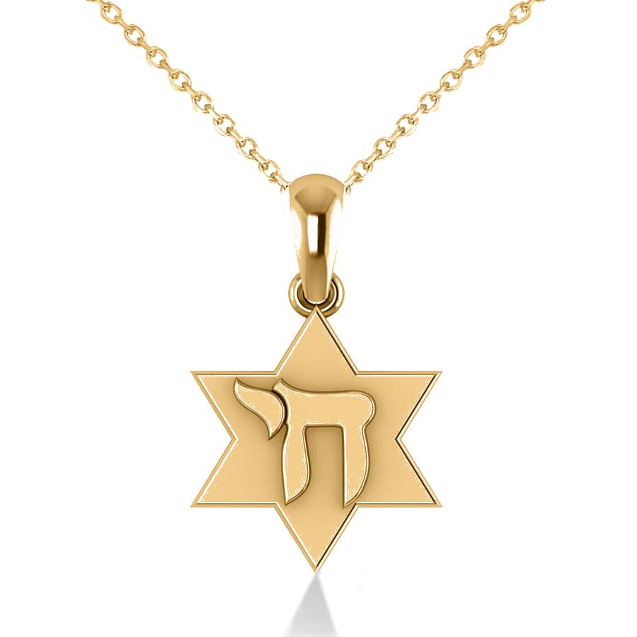 Jewish Star of David & Chai Pendant Necklace 14k Yellow Gold