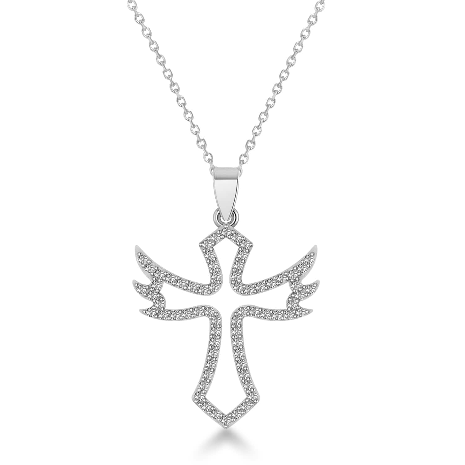 Diamond Angel Cross Outline Pendant Necklace 14k White Gold (0.68ct)