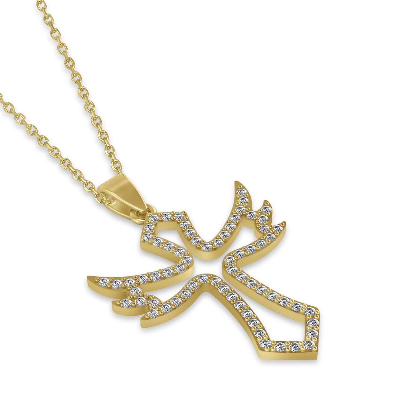 Diamond Angel Cross Outline Pendant Necklace 14k Yellow Gold (0.68ct)