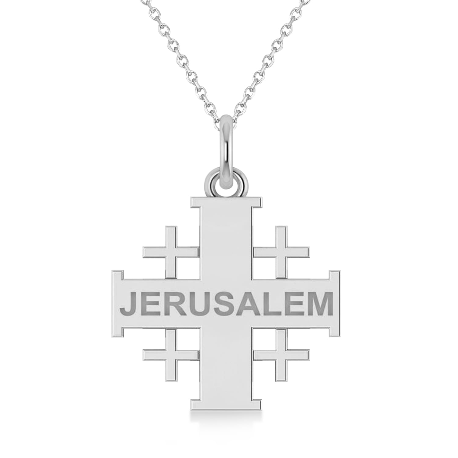 Jerusalem Engraved Cross Necklace Pendant 14k White Gold