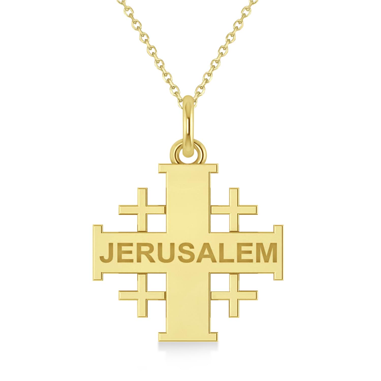 Jerusalem Engraved Cross Necklace Pendant 14k Yellow Gold