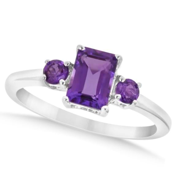 Ladies Octagon Shaped Amethyst Three Stone Ring Sterling Silver 1.20ctw