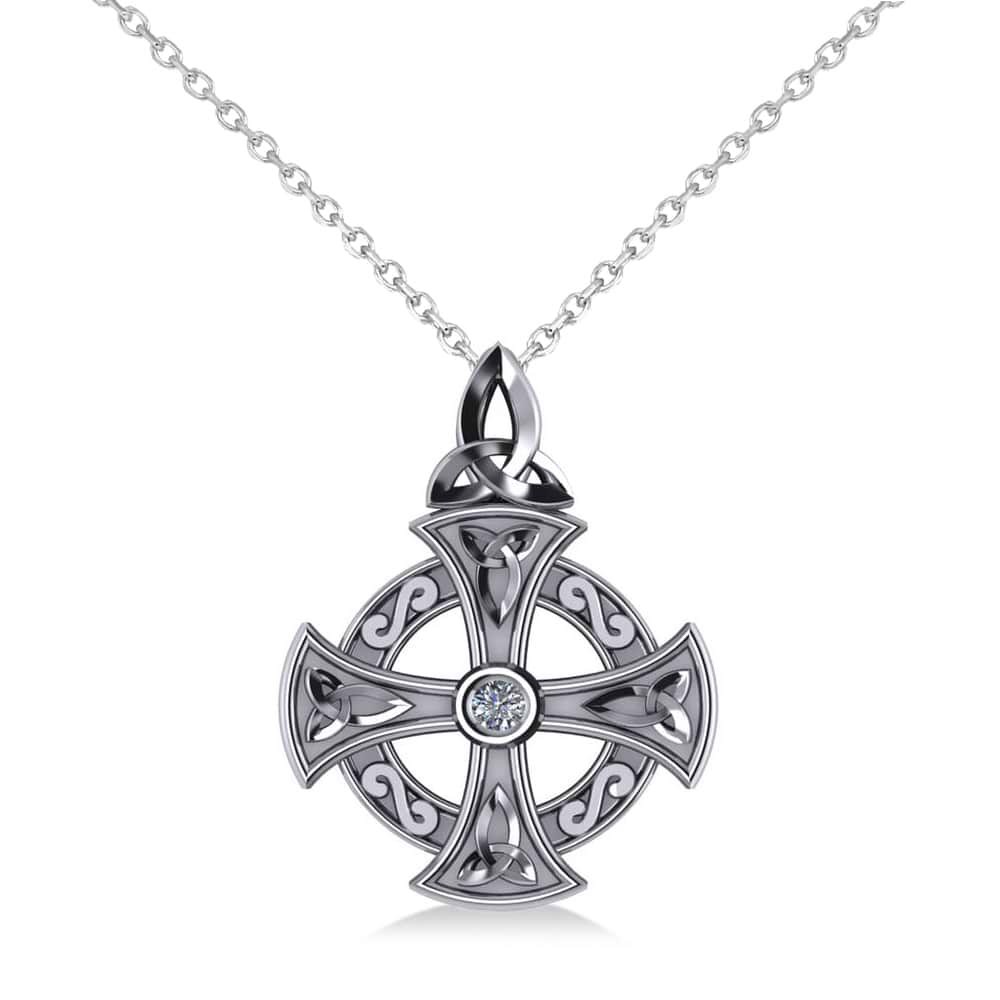 Diamond Celtic Cross Pendant Necklace 14K White Gold (0.02ct)