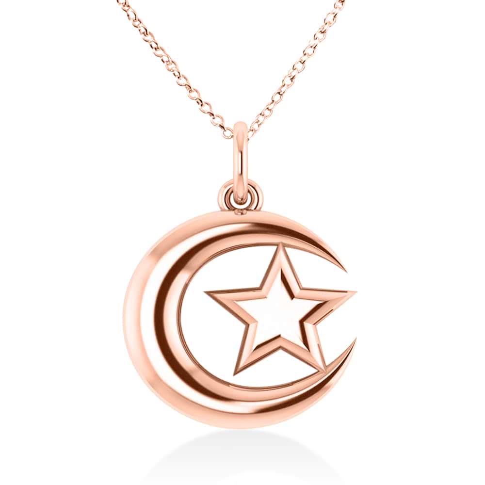 Crescent Moon & Star Pendant Necklace 14k Rose Gold