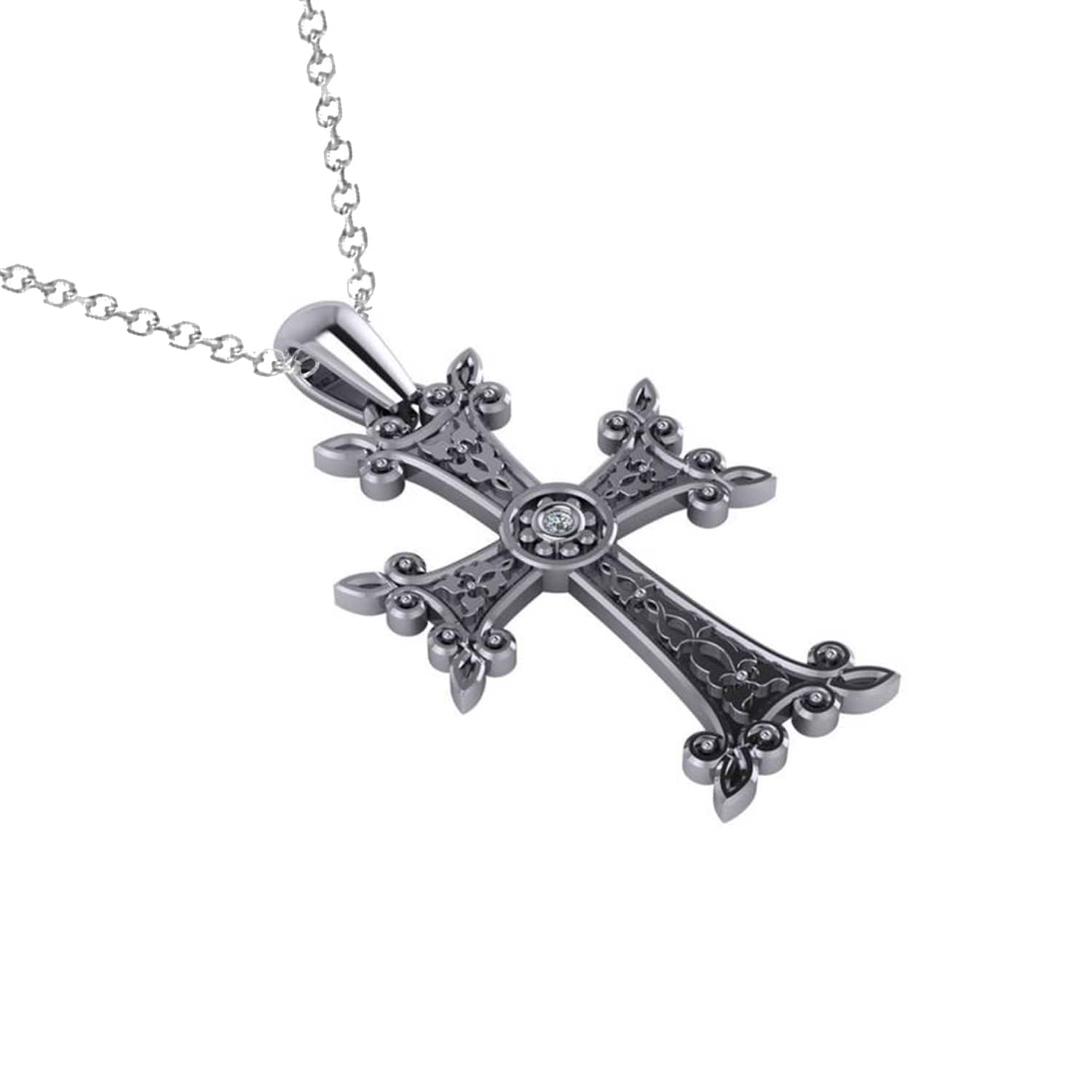 Diamond Accented Armenian Cross Pendant Necklace 14k White Gold 0.01ct ...