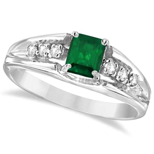 Emerald-Cut Diamond and Emerald Ring 14k White Gold (0.58ctw)