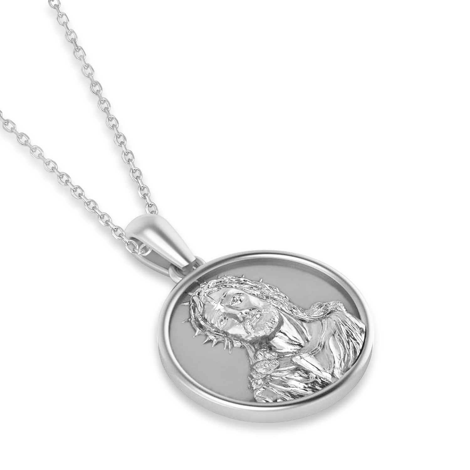 Jesus Christ Medal Pendant Necklace 14k White Gold