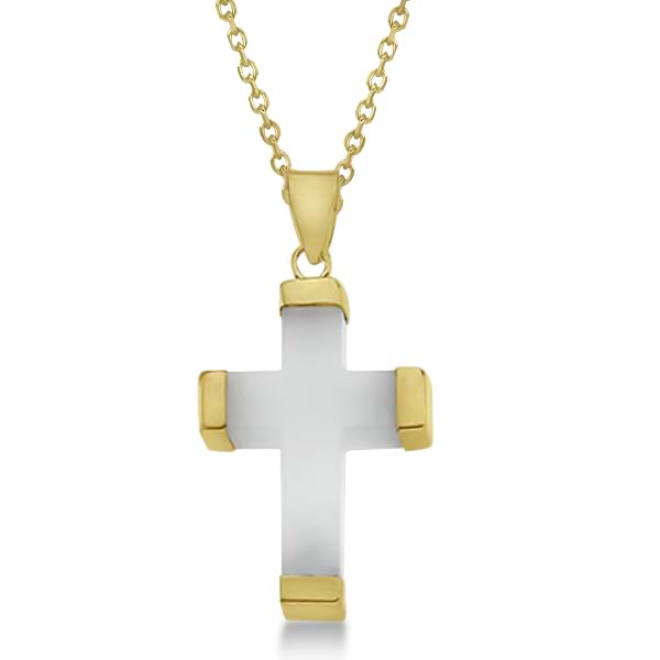 White Jade Cross Pendant Necklace Gemstone for Women 14k Yellow Gold