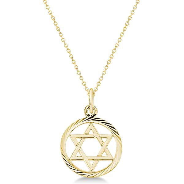 Star of David Pendant for Women Framed in Carved Circle 14k Yellow Gold