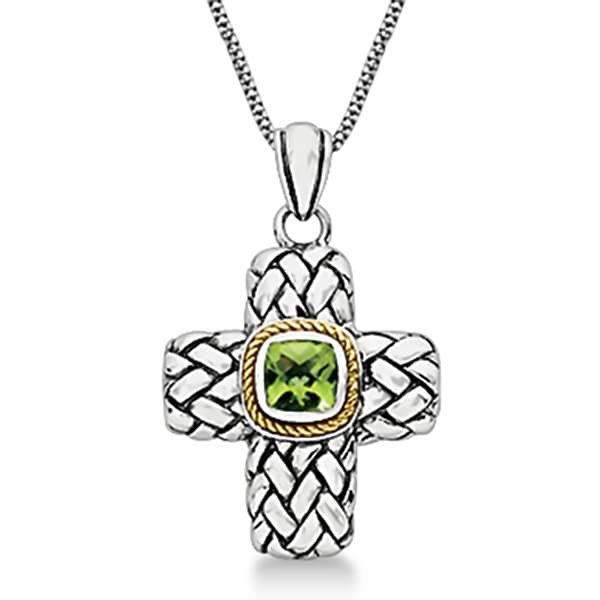 Peridot Cross Necklace Pendant in 14k Gold & Sterling Silver (0.95ct)