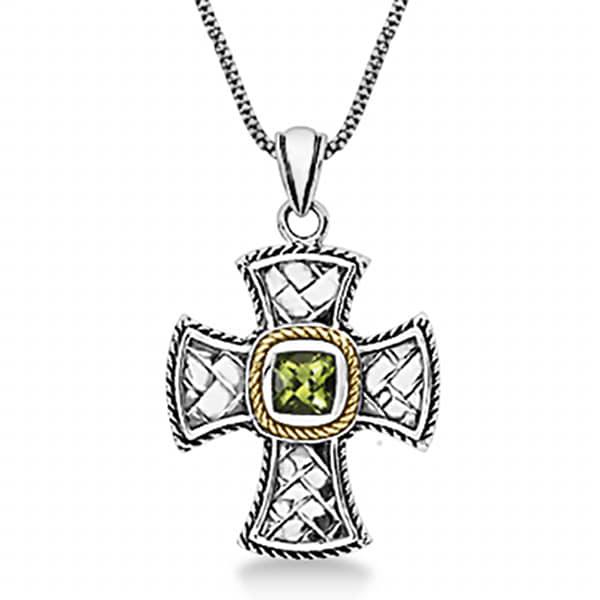 Peridot Cross Necklace Pendant in 14k Gold & Sterling Silver (0.95ct)