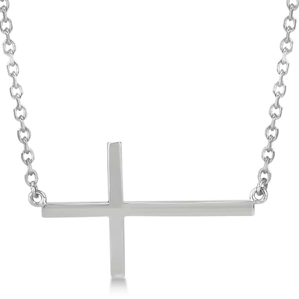 Unisex Sideways Cross Necklace Religious Pendant  in 14k White Gold