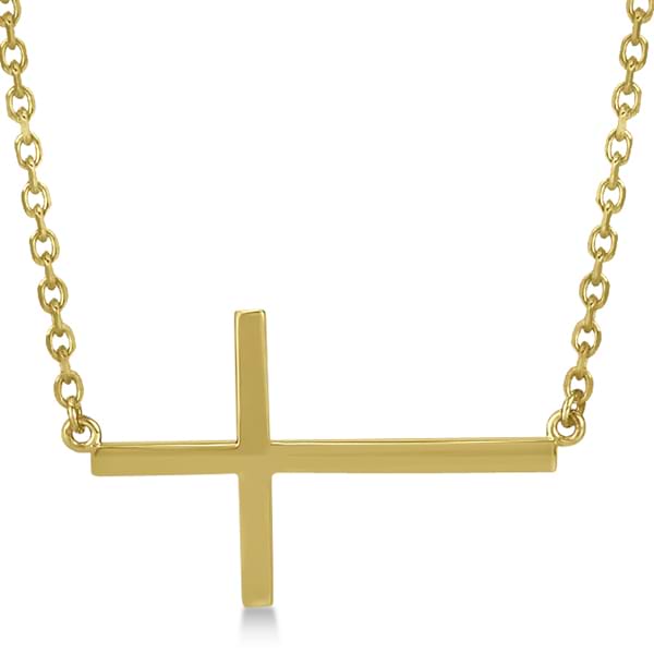 Unisex Sideways Cross Necklace Religious Pendant in 14k Yellow Gold