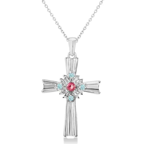 Pink Tourmaline & Blue Topaz Cross Pendant Necklace in Sterling Silver